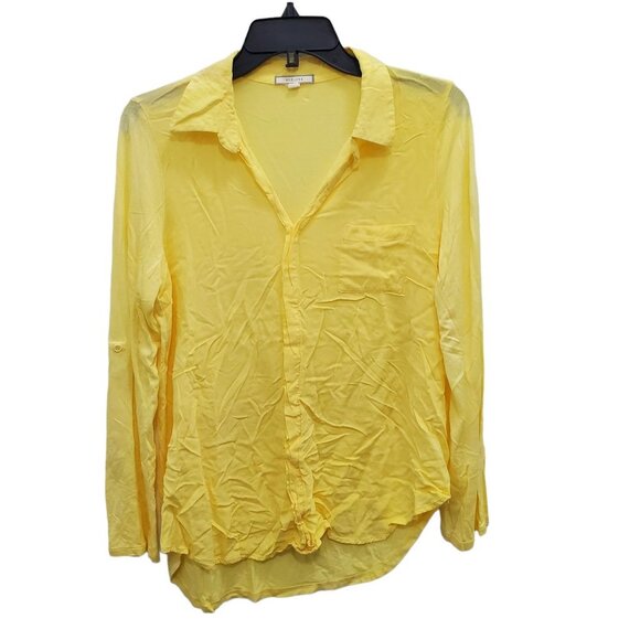 Pleione Women's Yellow Super Soft Faux Button Front Roll Tab Sleeve Top USA Sz M - Picture 1 of 5